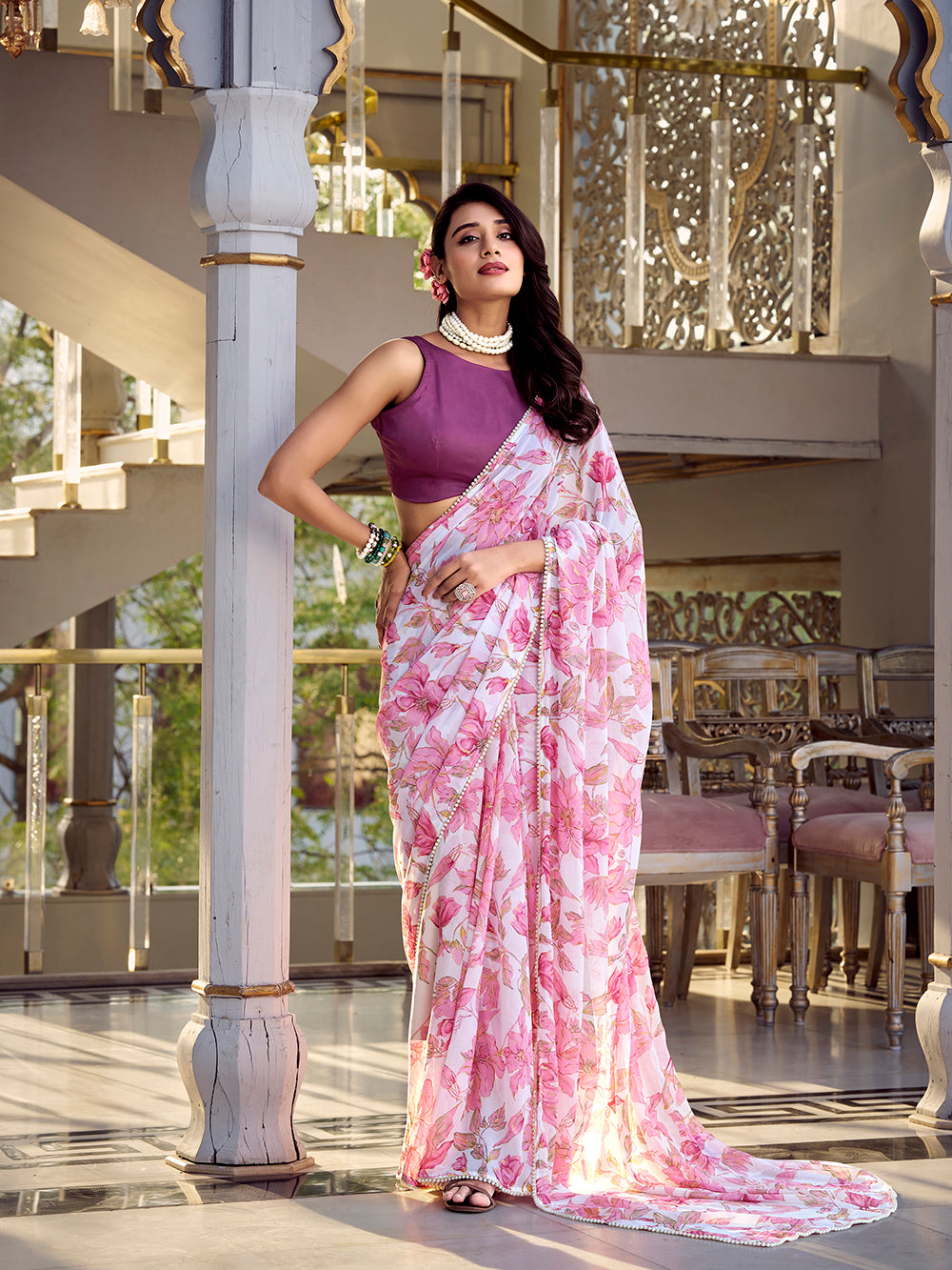 Pink floral print marble saree