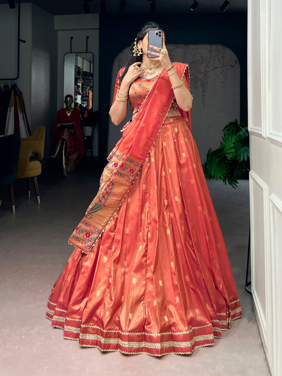 Coral Color Maharastrian Wear Shimmer Lehenga