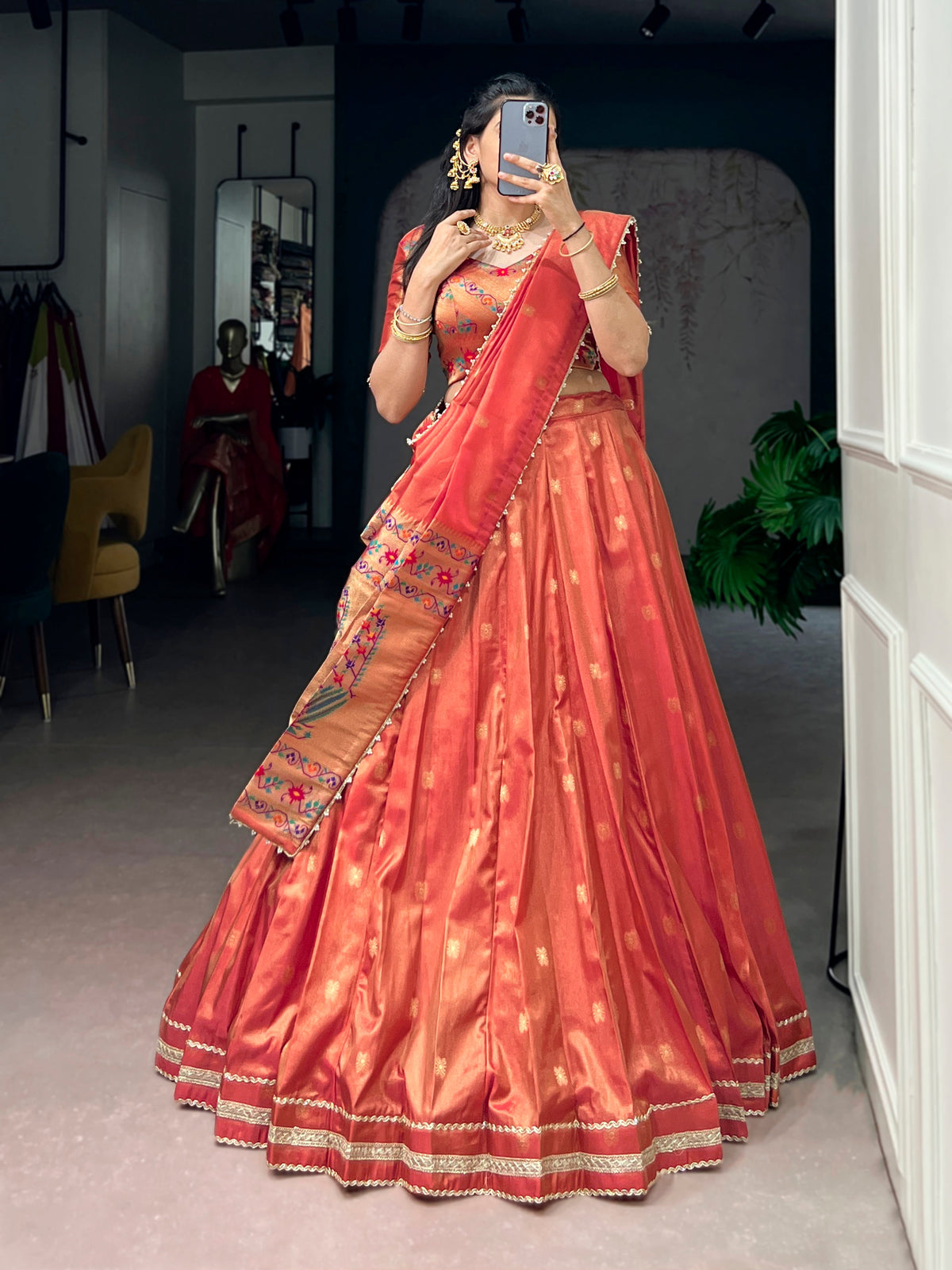 Coral Color Maharastrian Wear Shimmer Lehenga
