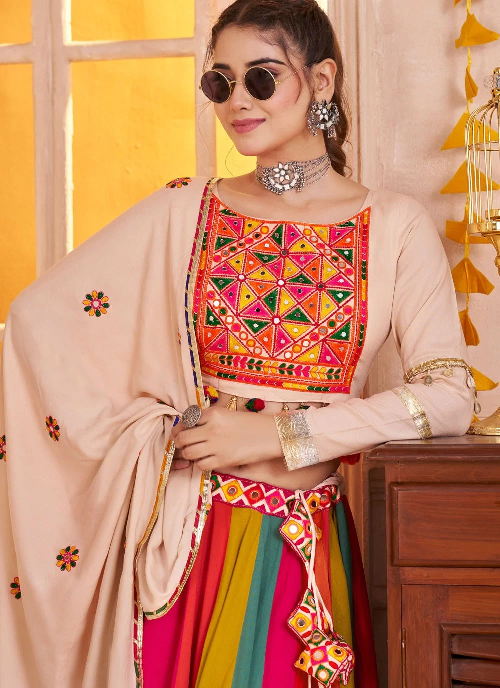 Viscose cotton beige lehenga choli with embroidery and mirror details