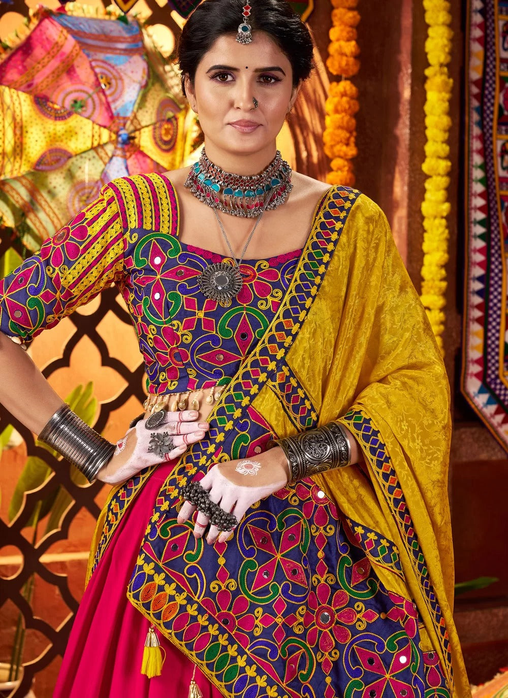 Multicolor traditional Navratri chaniya choli with mirror and thread embroidery