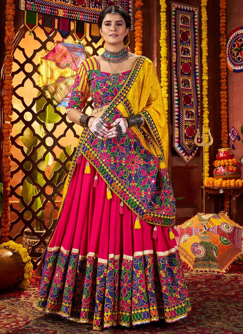 Multicolor traditional Navratri chaniya choli with mirror and thread embroidery