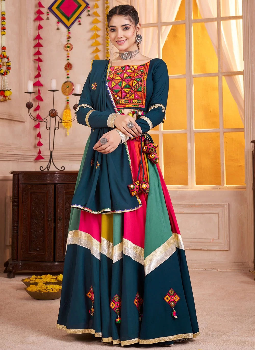 Viscose cotton teal blue lehenga choli embroidered with mirror work