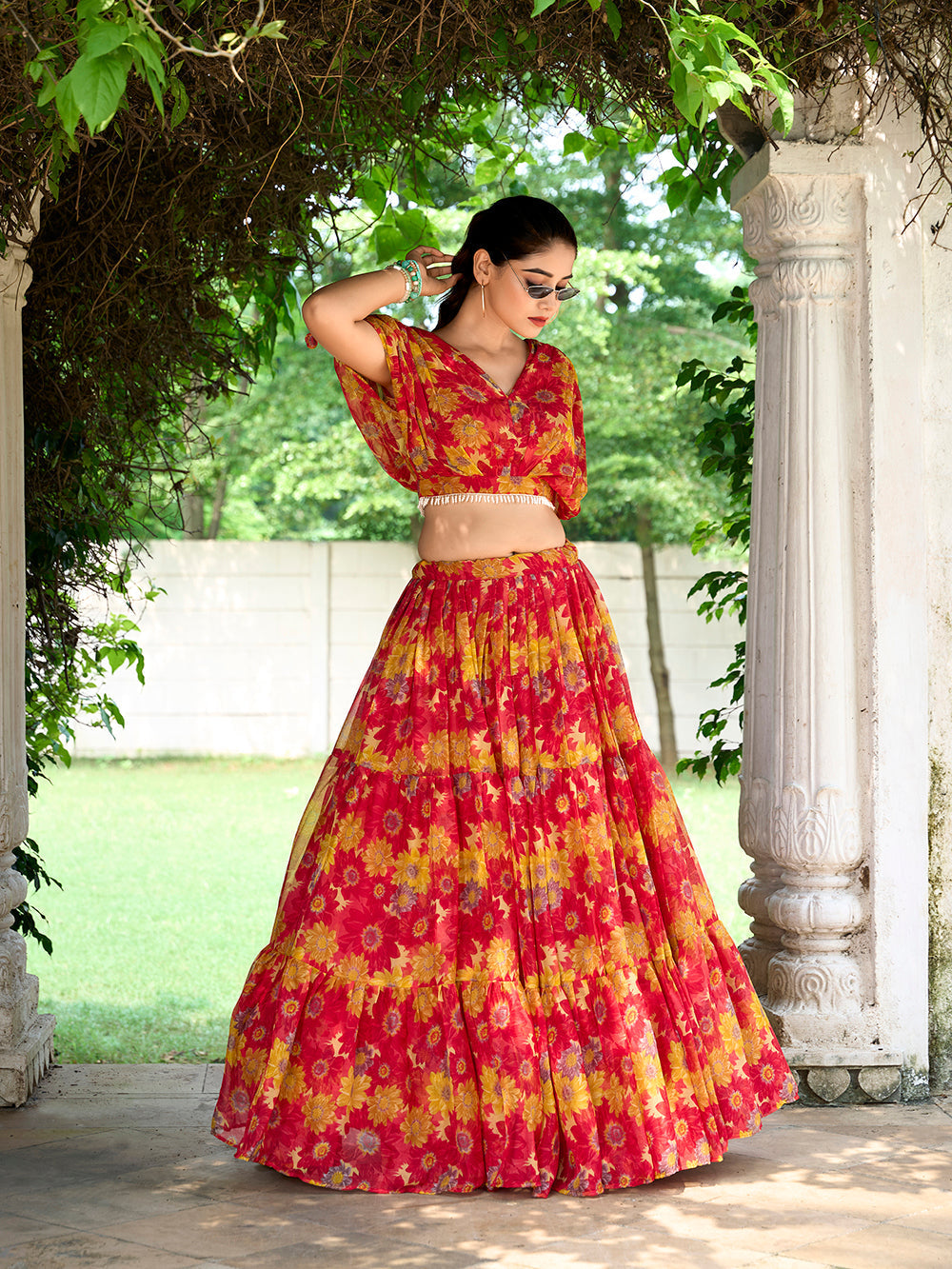 Red Color Floral Print Chiffon Co-ord Set Chaniya Choli