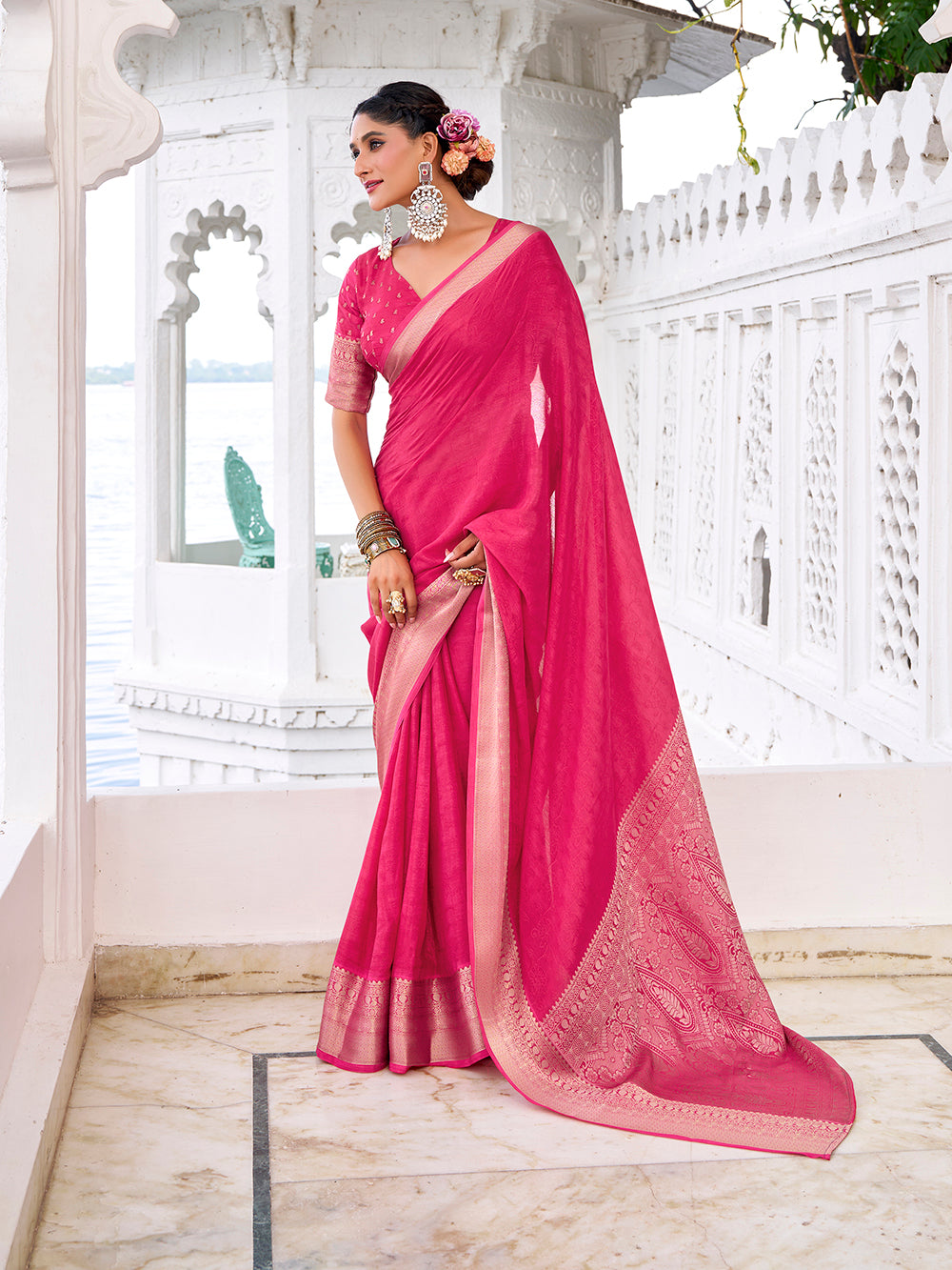 Pink festive saree with unstitched blouse