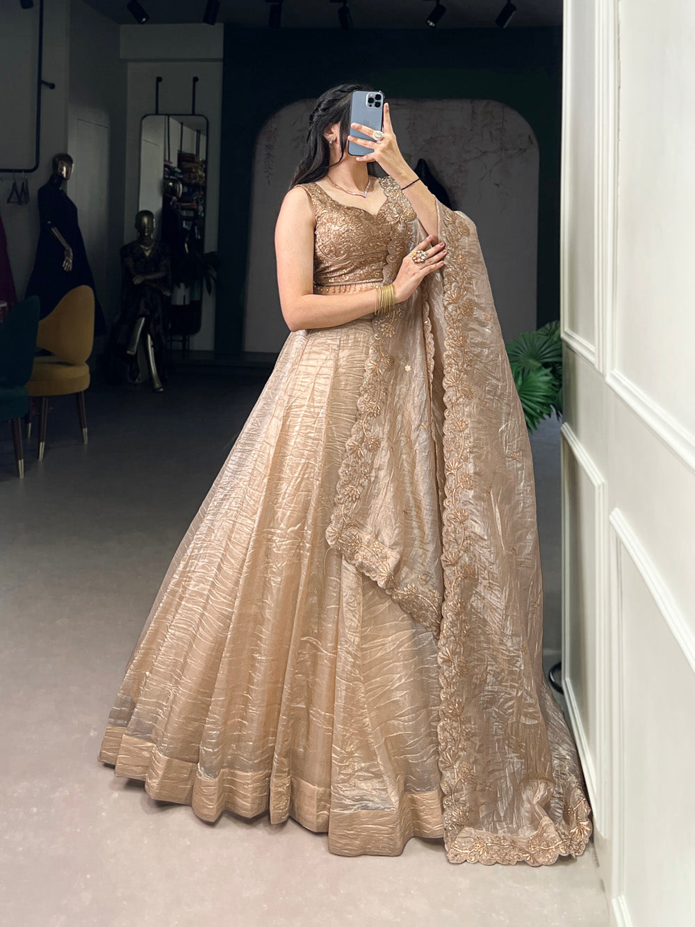 Chiku Color Sequins And Embroidery Work With Gold Crush Lehenga Choli