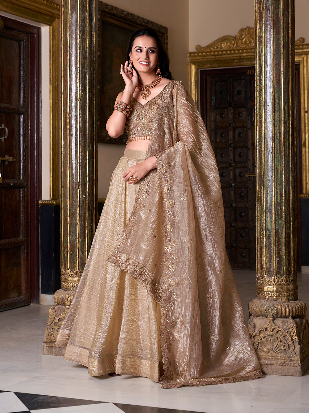 Chiku lehenga choli with luxury fabric drape
