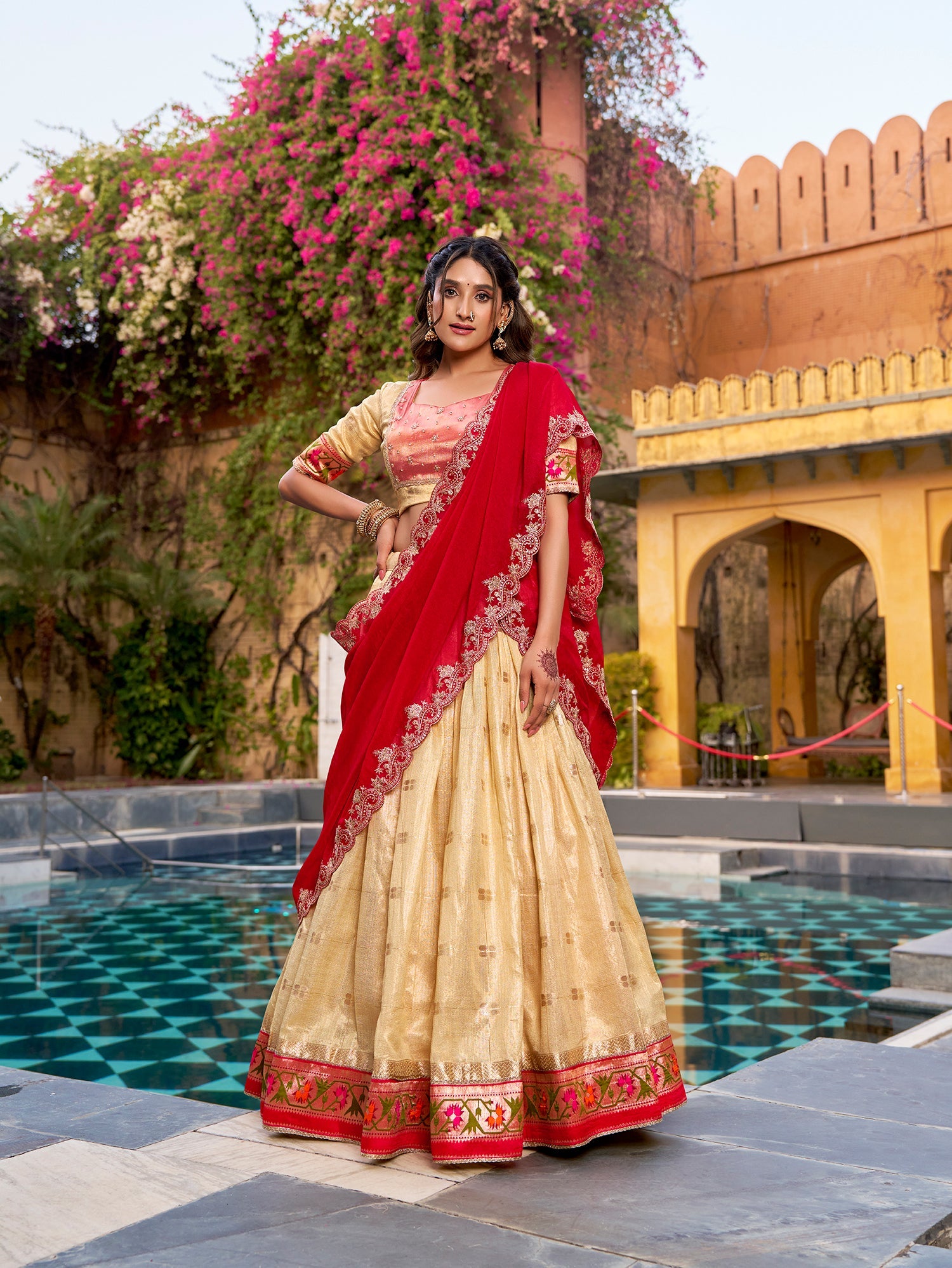 Zari weaving Work With Paithnai Border Lehenga