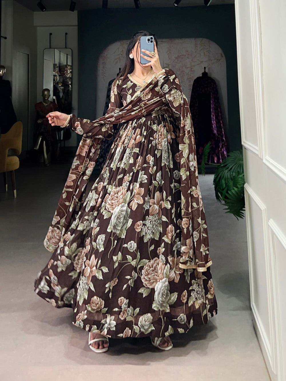 Brown Color Floral Print With Lace Border Marbel Gown