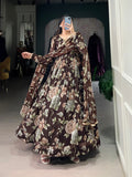 Brown Color Floral Print With Lace Border Marbel Gown