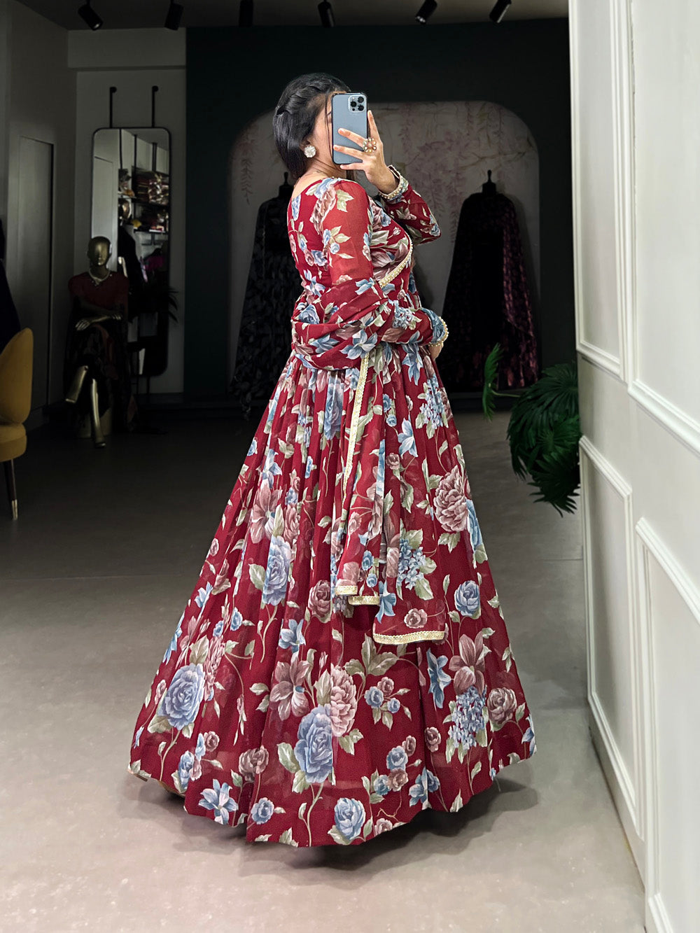Maroon Color Floral Print With Lace Border Marbel Gown