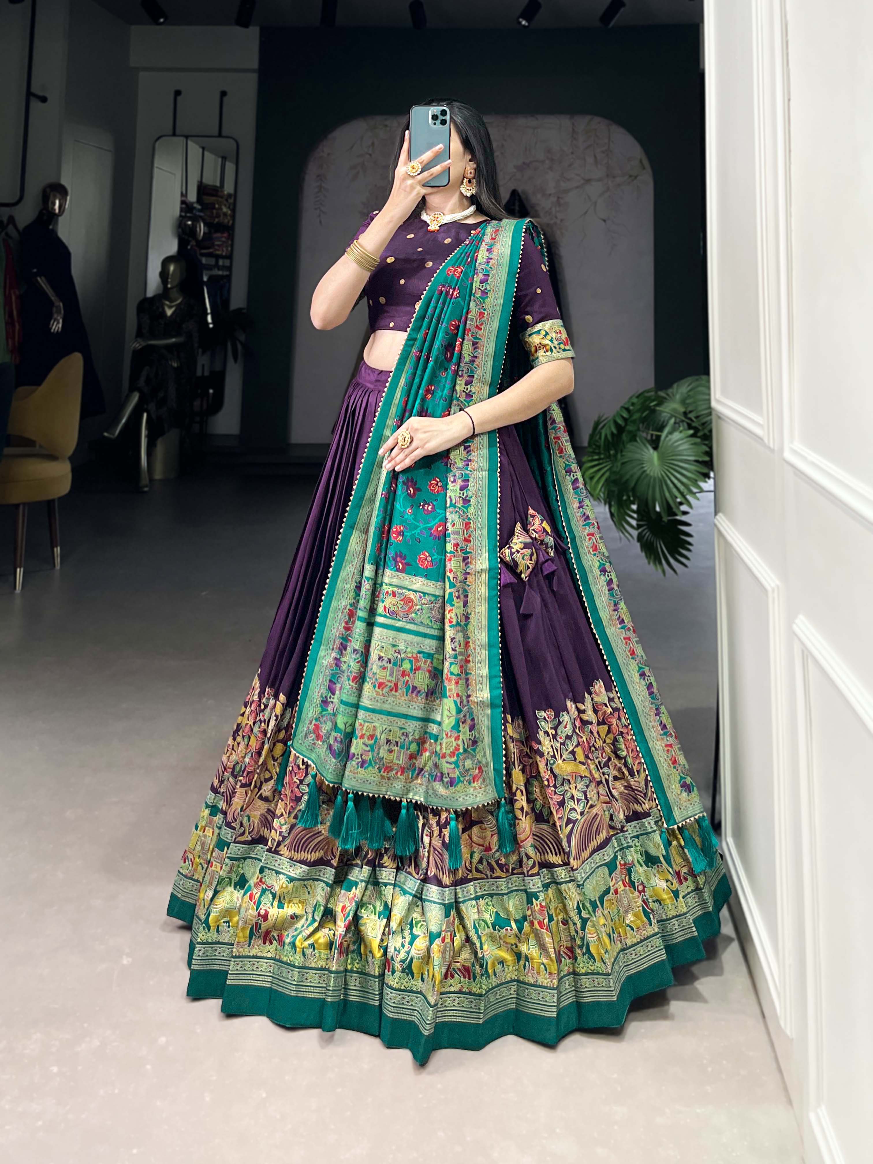 Purple Color Printed Foil Work Tussar Silk Lehenga Choli