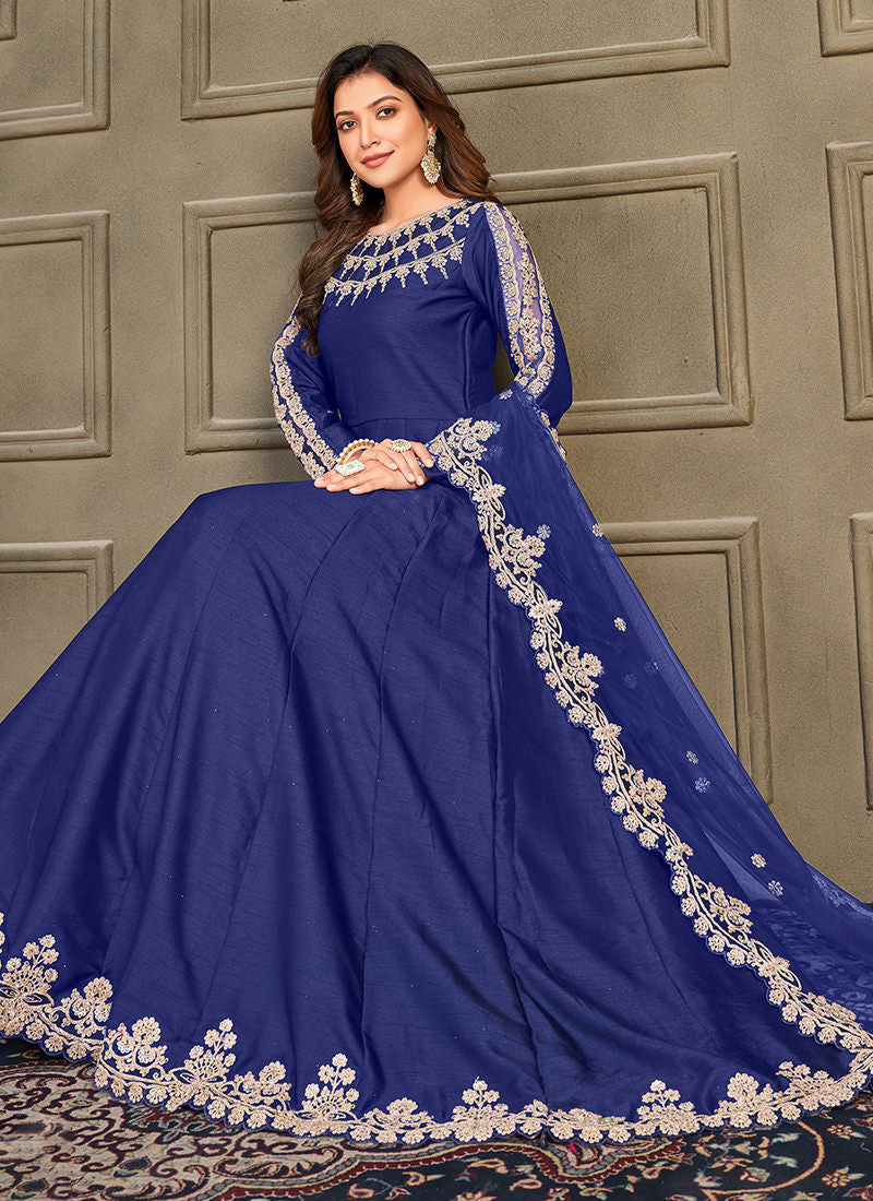 Trendy Art Silk Zari Embroidered Anarkali Suit For Eid In Blue