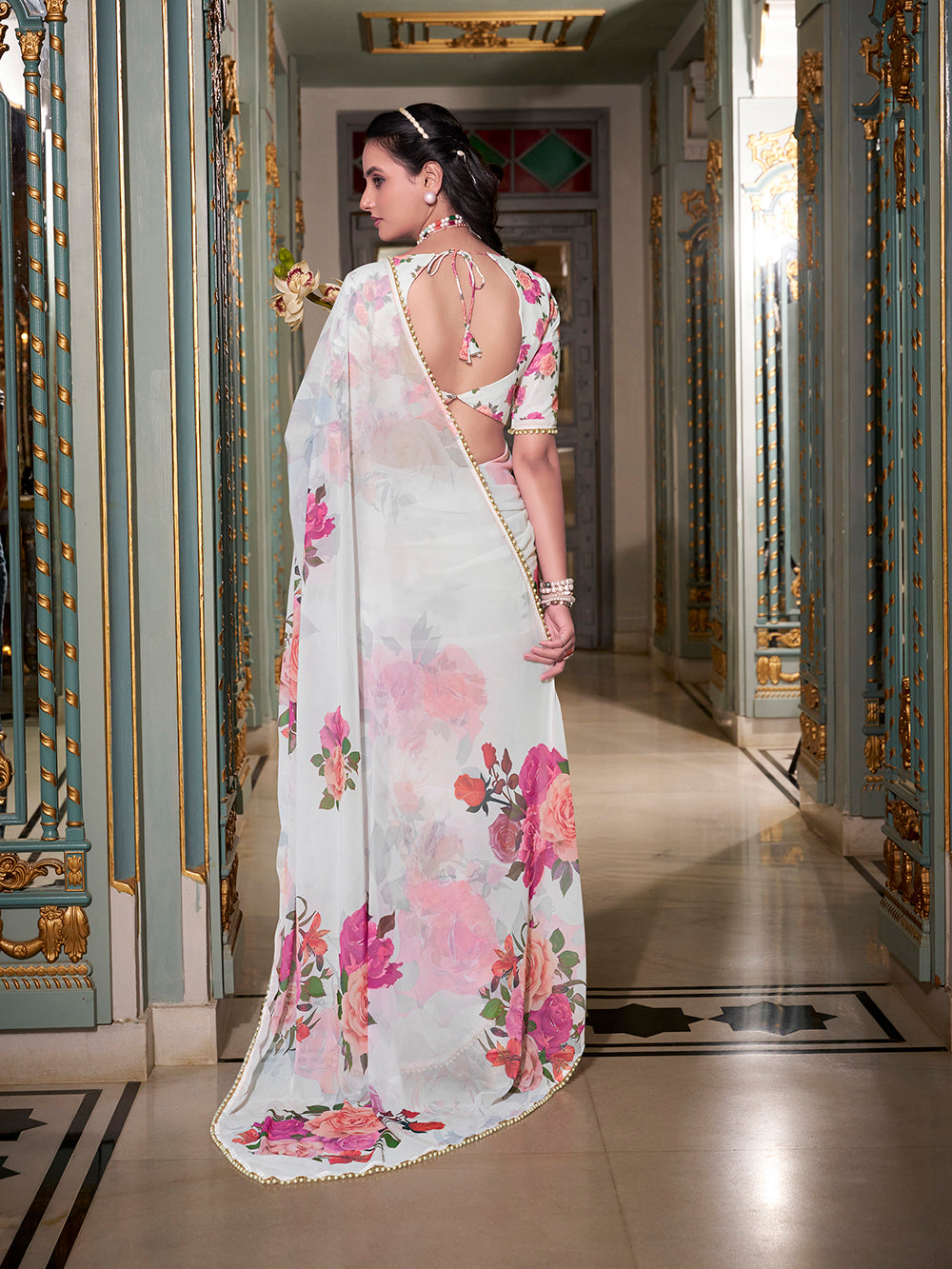 White printed saree with elegant lace border