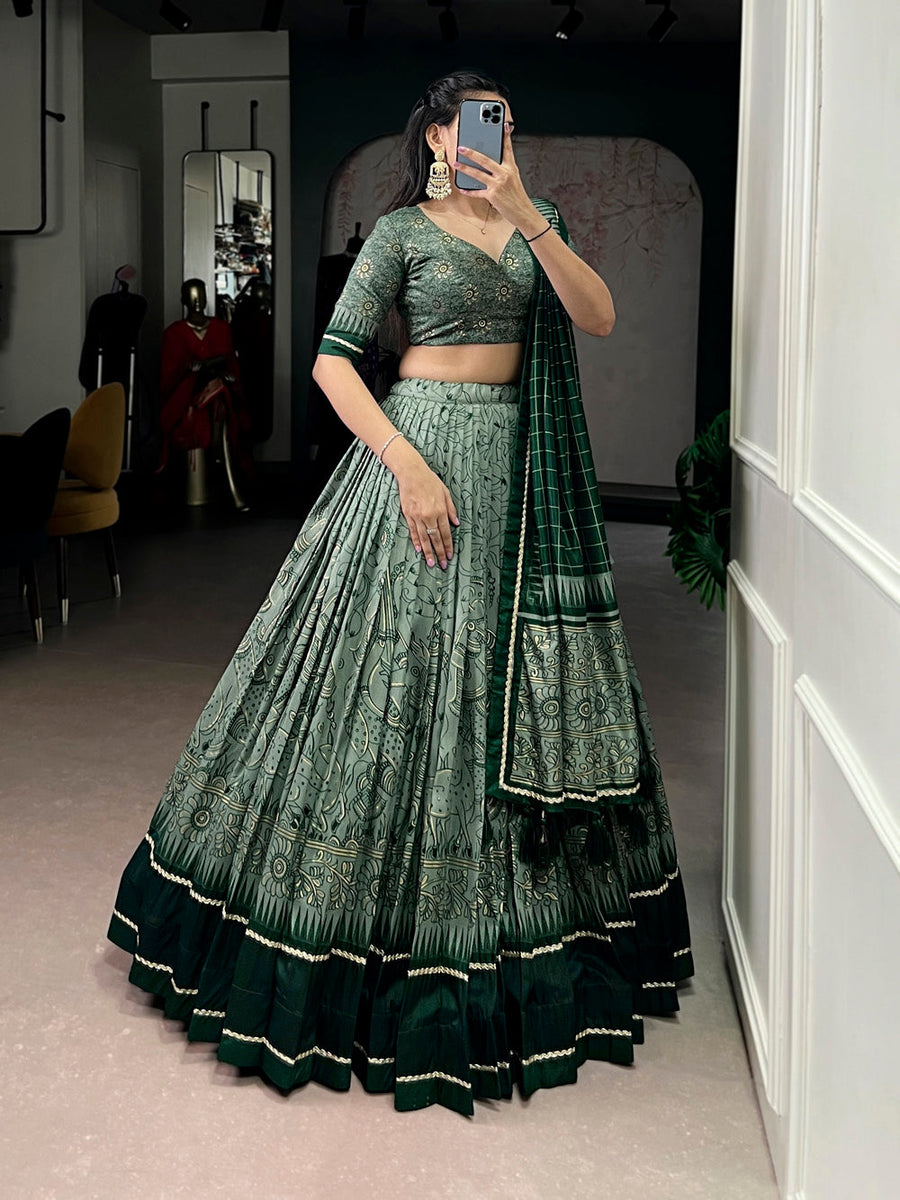 green tasar silk kalamkari lehenga choli