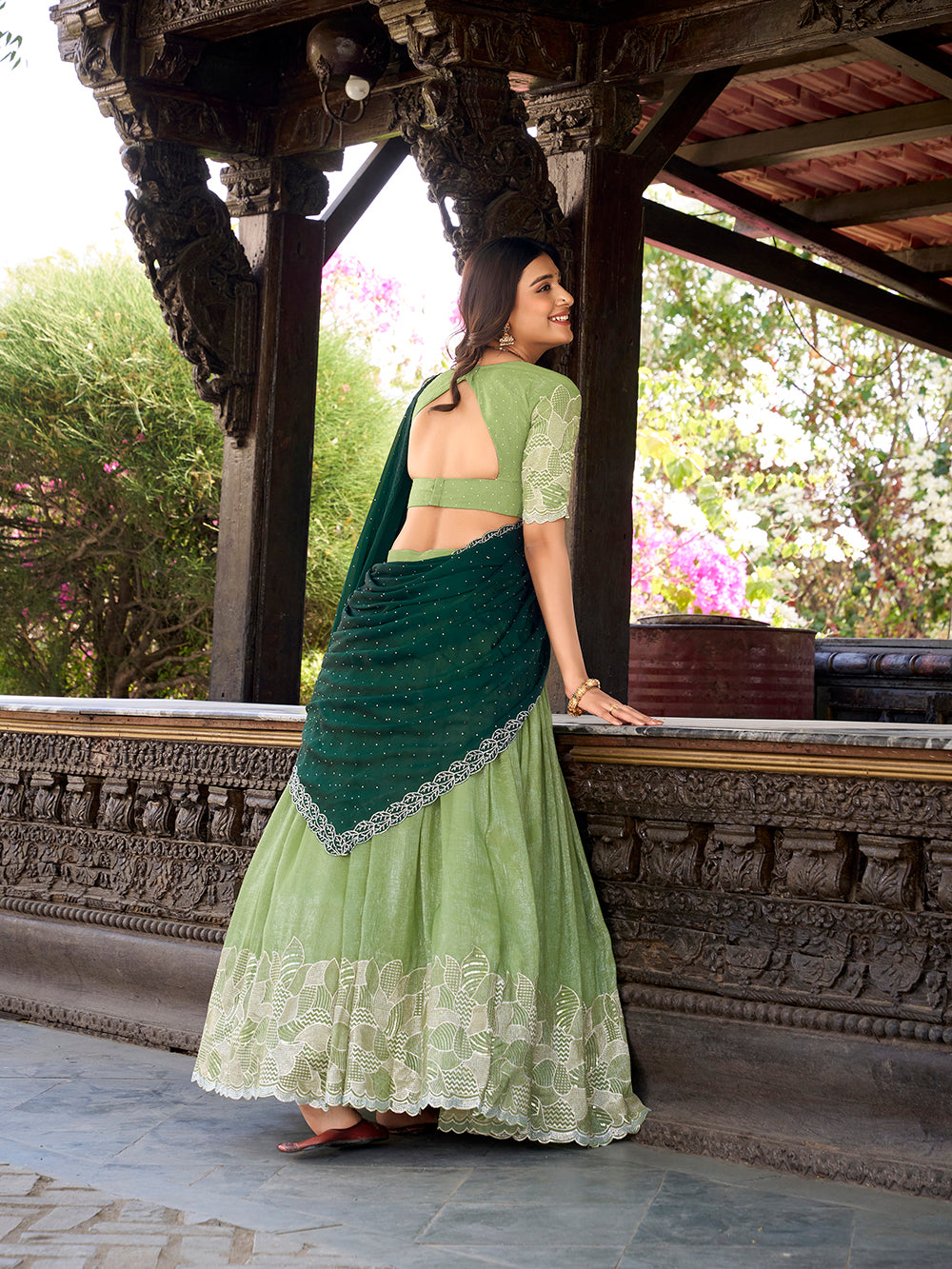 Pista Color Sequins And Embroidery Work With Hotfix Silver Glossy Lehenga Choli
