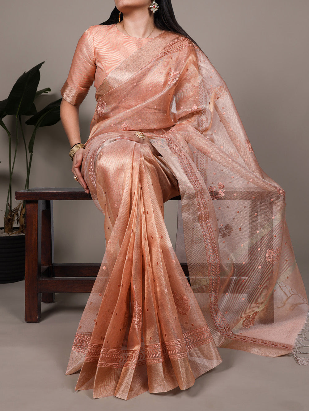 Orange poly shimmer embroidery saree