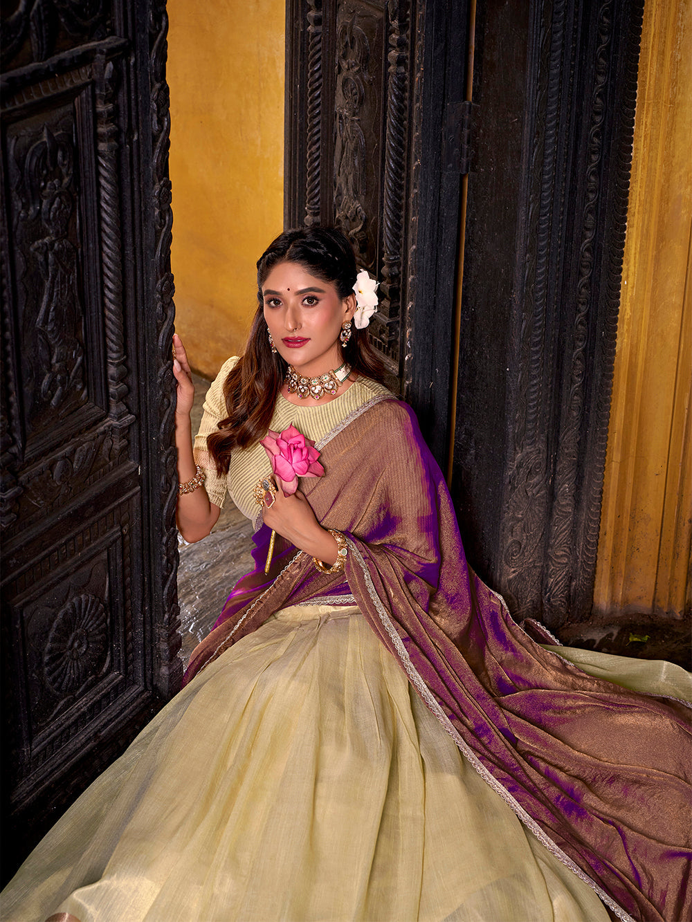 Zari weaving border yellow lehenga choli