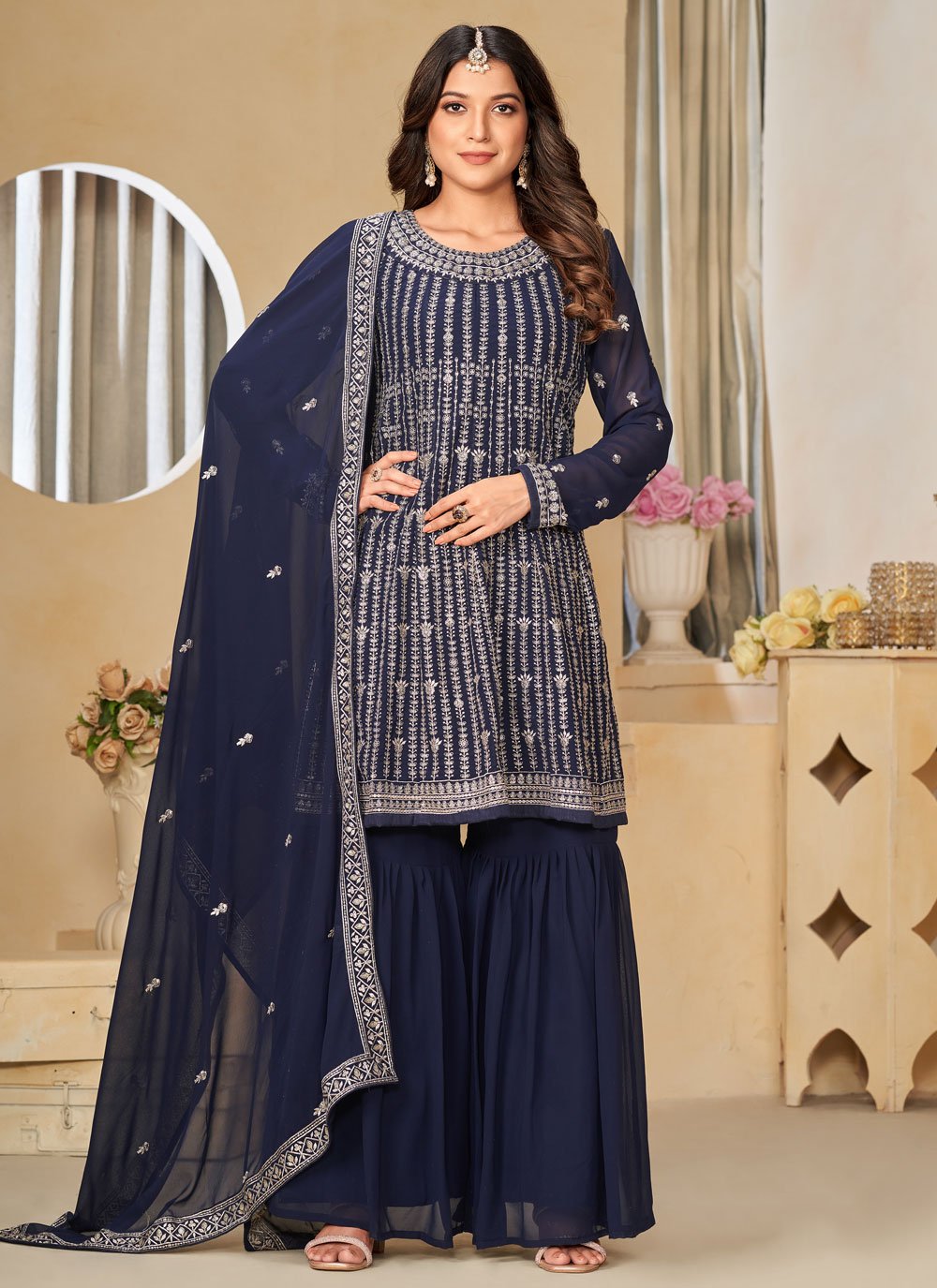 Trendy Faux Georgette Sharara Suit With Embroidery Work