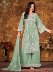 Trendy Green Net Embroidered Palazzo Style Suit For Women