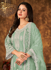 Trendy Green Net Embroidered Palazzo Style Suit For Women