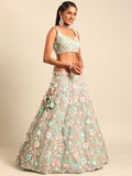 Trendy Lime Green Net Sequins, Mirror and thread embroidery Wedding Lehenga