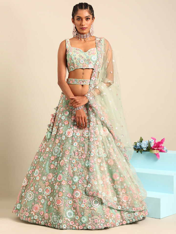 Trendy Lime Green Net Sequins, Mirror and thread embroidery Wedding Lehenga