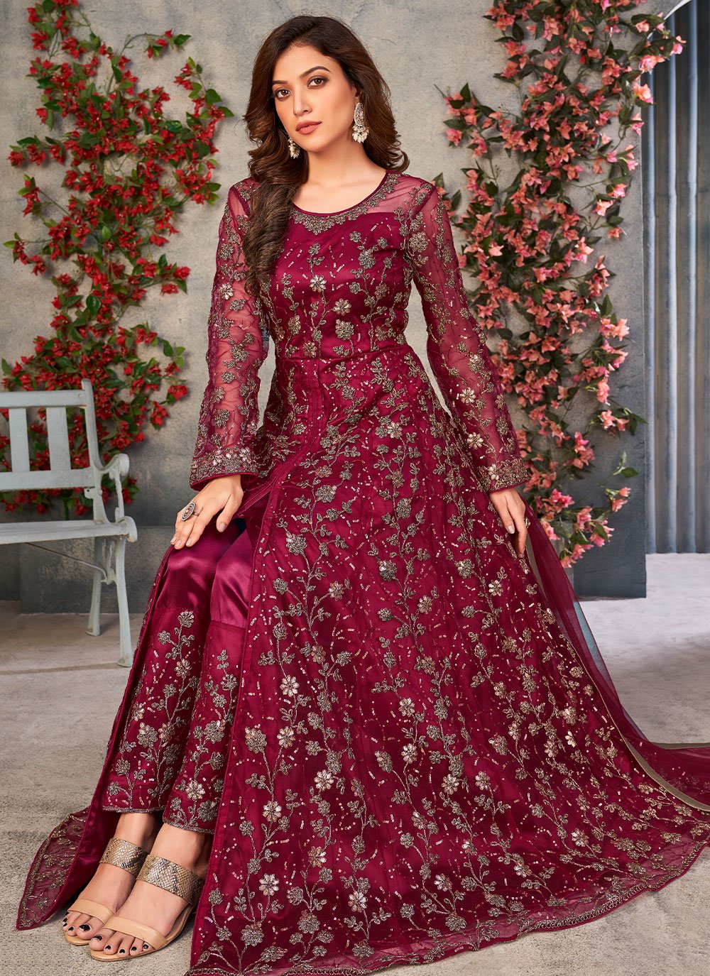 Trendy Maroon Embroidered Slit Style Anarkali Suit In Net