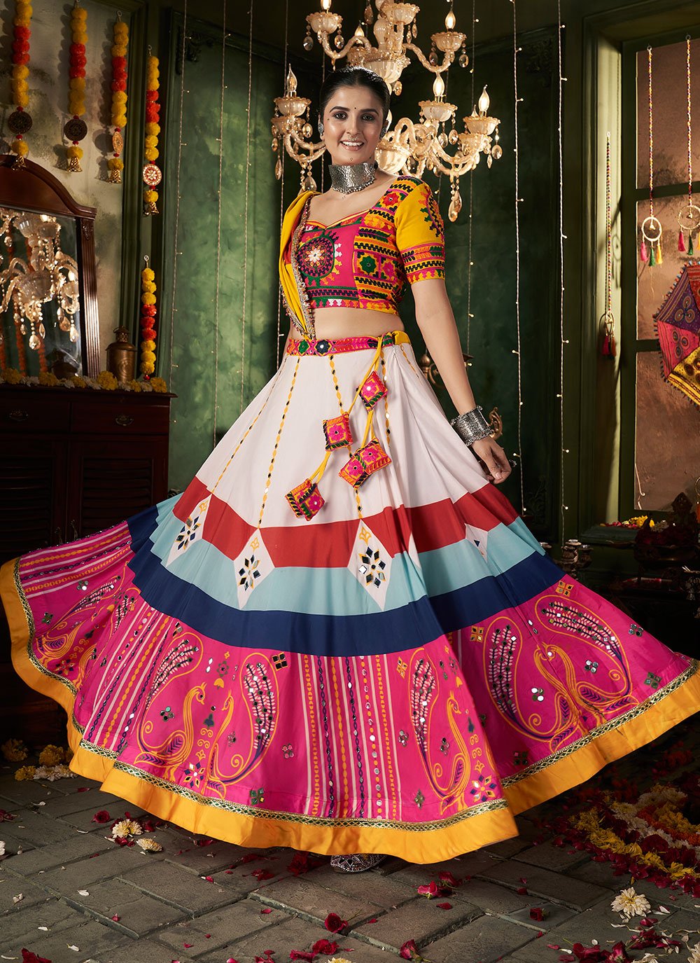 Trendy Navratri Maslin Cotton Chaniya Choli With Mirror Work