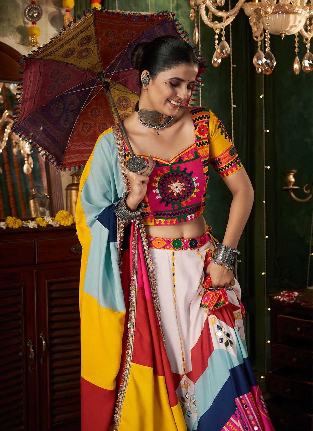 Trendy Navratri Maslin Cotton Chaniya Choli With Mirror Work