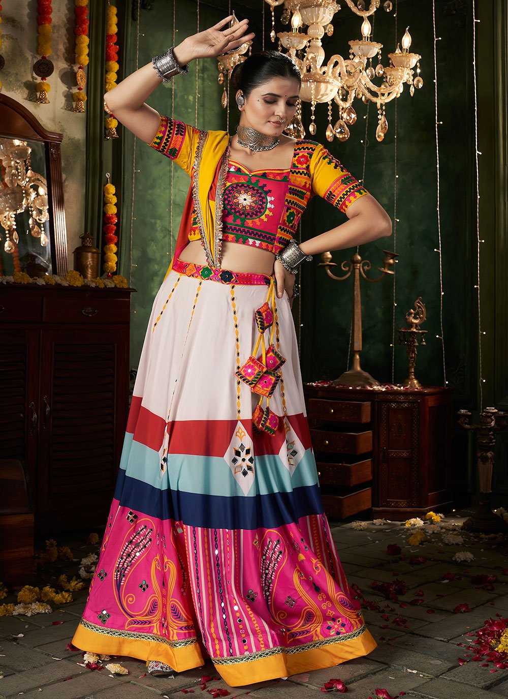 Trendy Navratri Maslin Cotton Chaniya Choli With Mirror Work