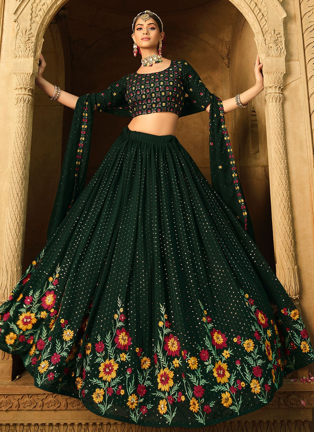 Trendy Party Wear Thread Embroidered Lehenga Choli In Green