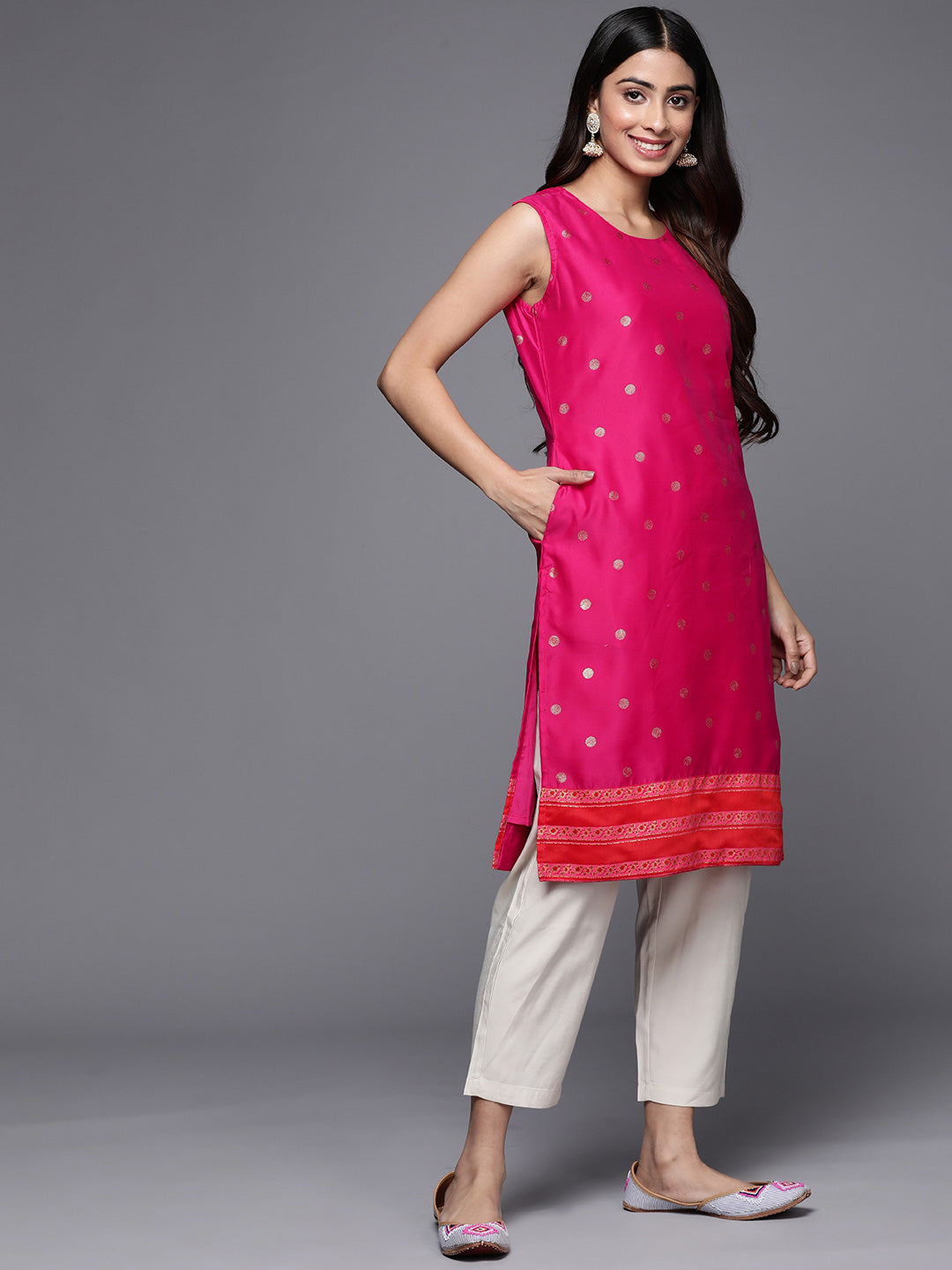 Trendy Pink Chanderi Tunic with Prints for Women