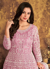 Trendy Pink Net Thread Embroidery Anarkali Salwar Kameez