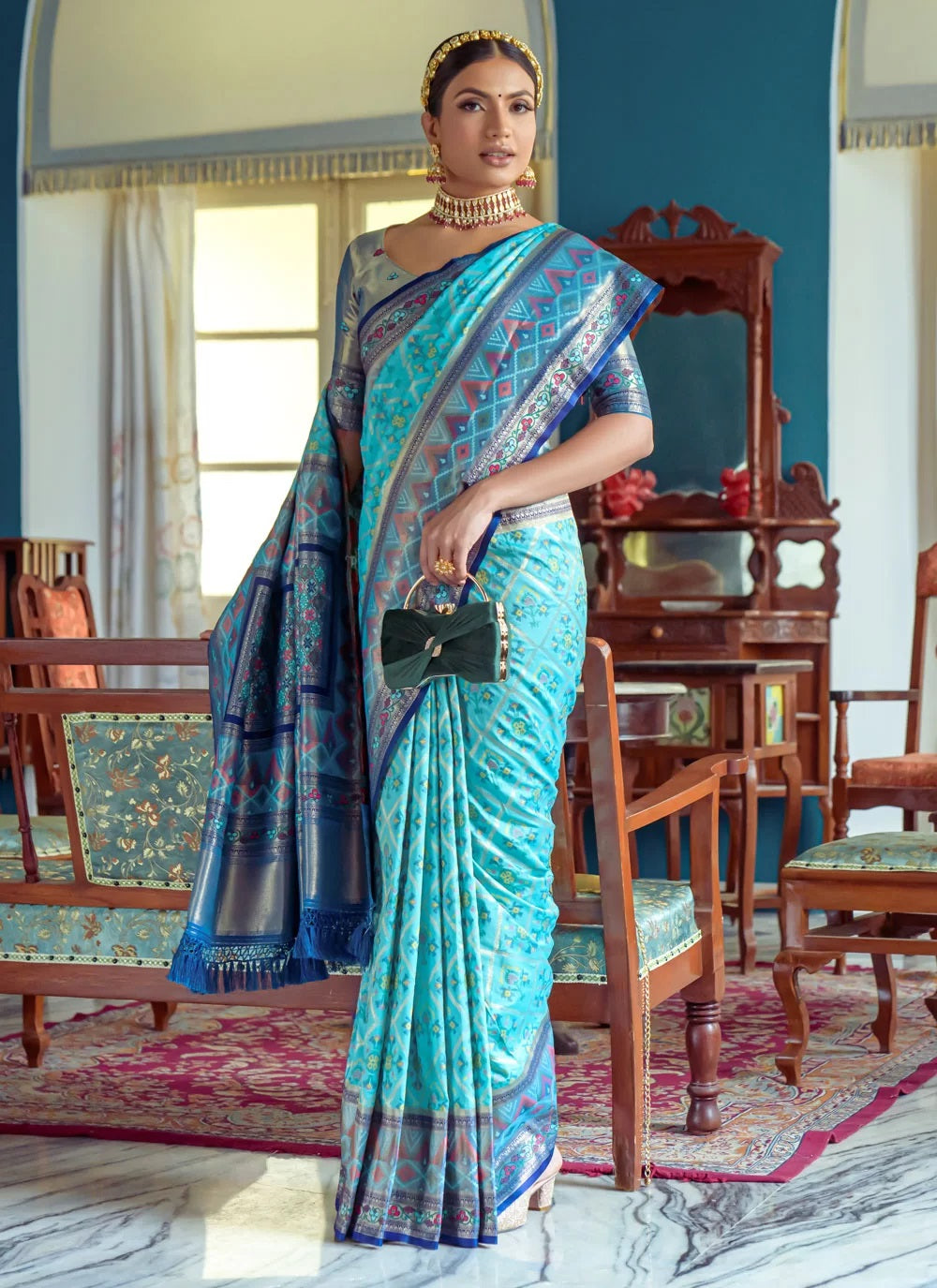 Turquoise Blue Banarasi Silk Patola Saree With Blouse Piece