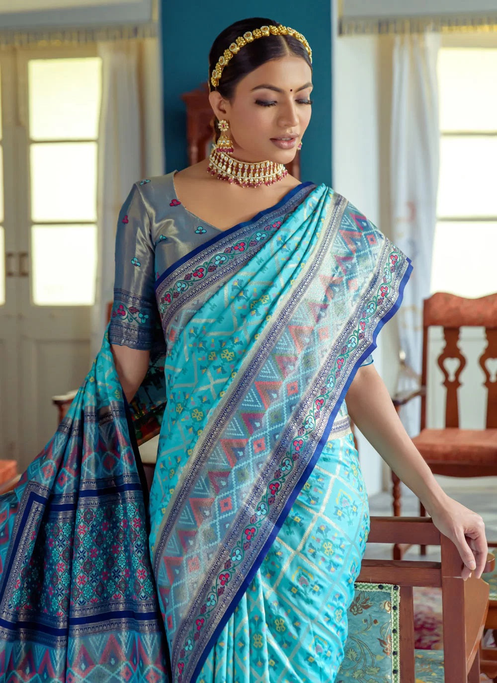 Turquoise Blue Banarasi Silk Patola Saree With Blouse Piece