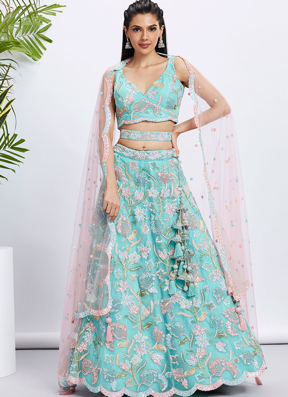 Turquoise Blue Net Embroidered Indian Wedding Lehenga Set For Women