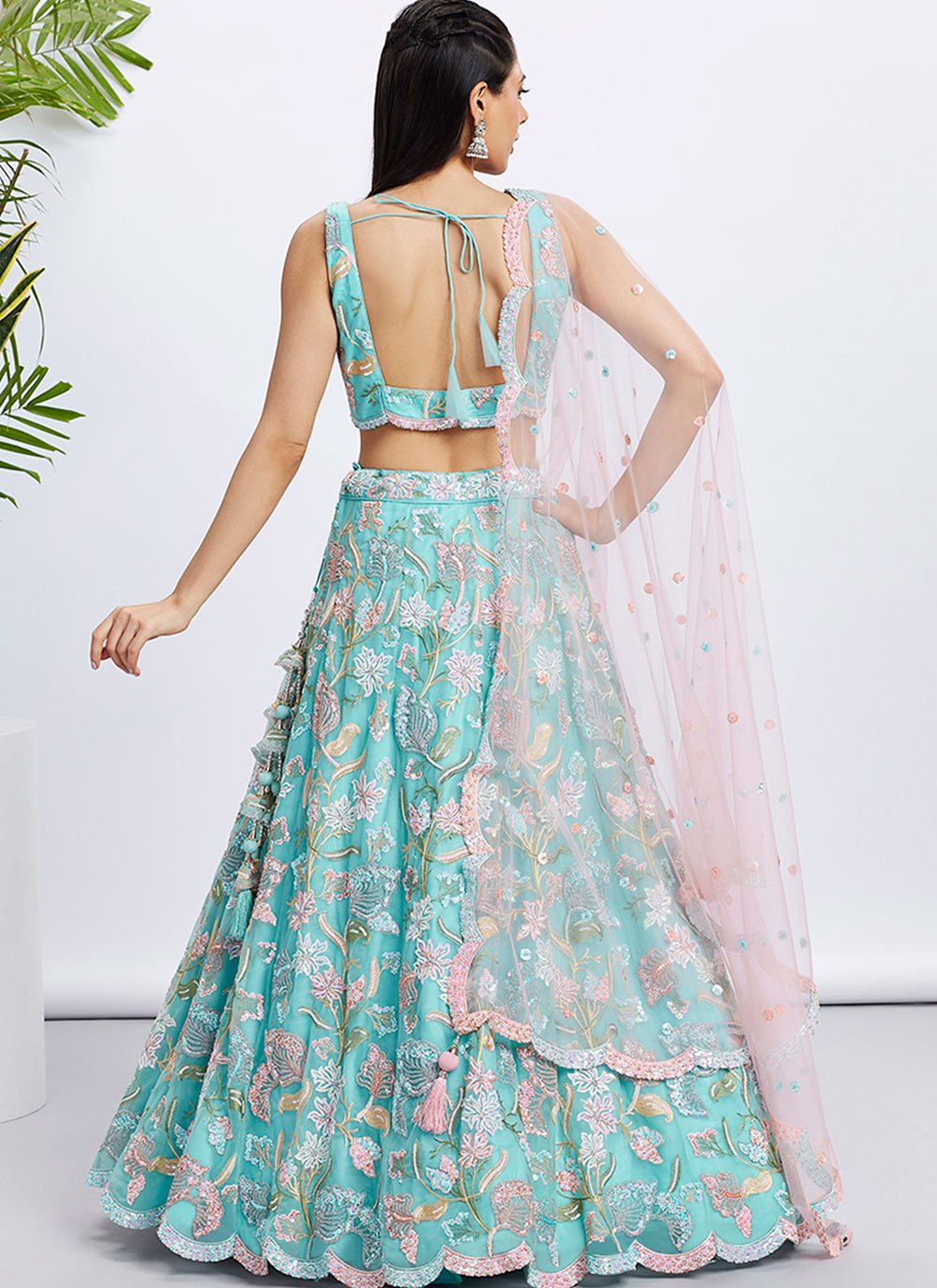 Turquoise Blue Net Embroidered Indian Wedding Lehenga Set For Women