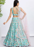 Turquoise Blue Net Embroidered Indian Wedding Lehenga Set For Women