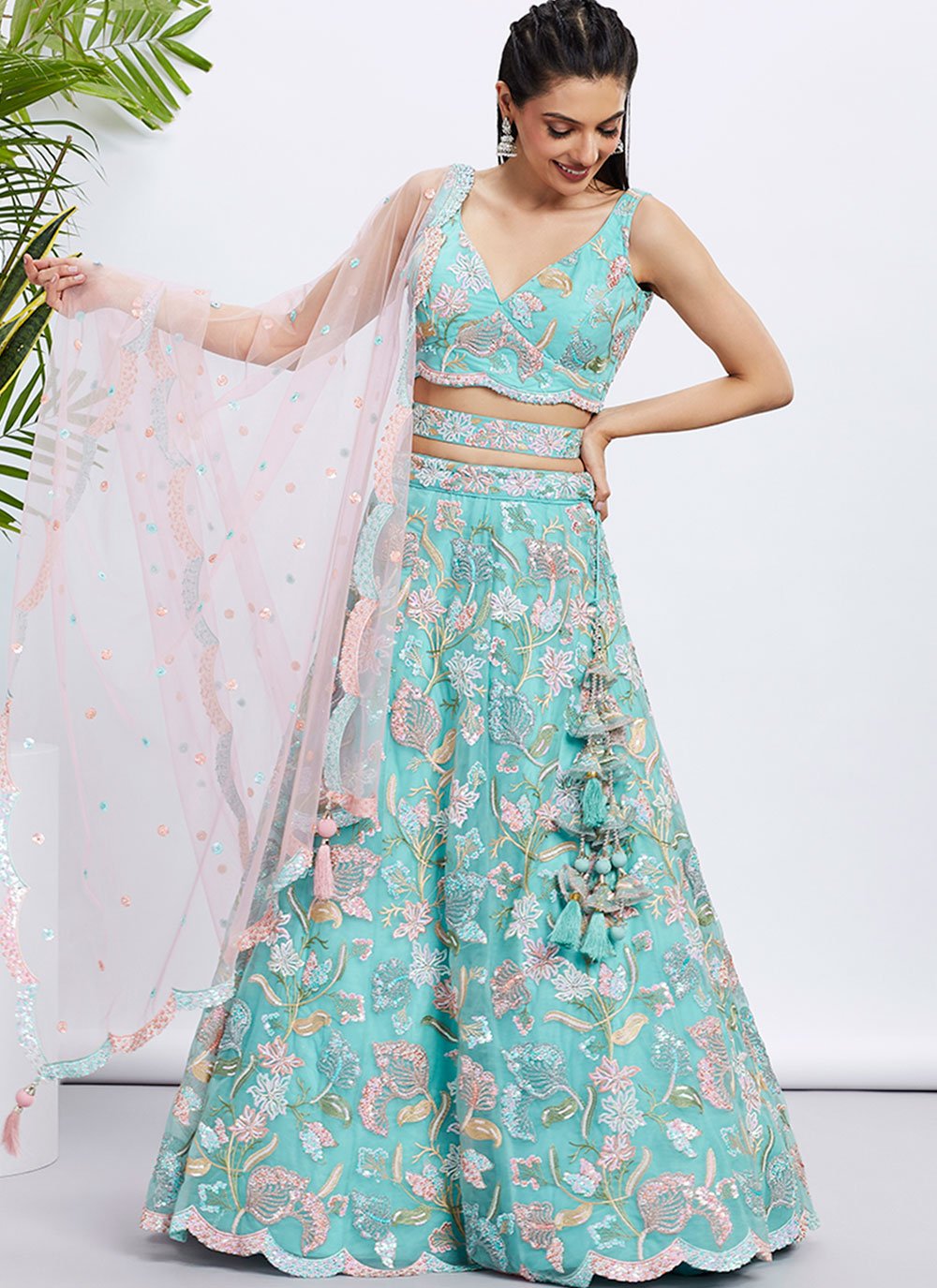 Turquoise Blue Net Embroidered Indian Wedding Lehenga Set For Women