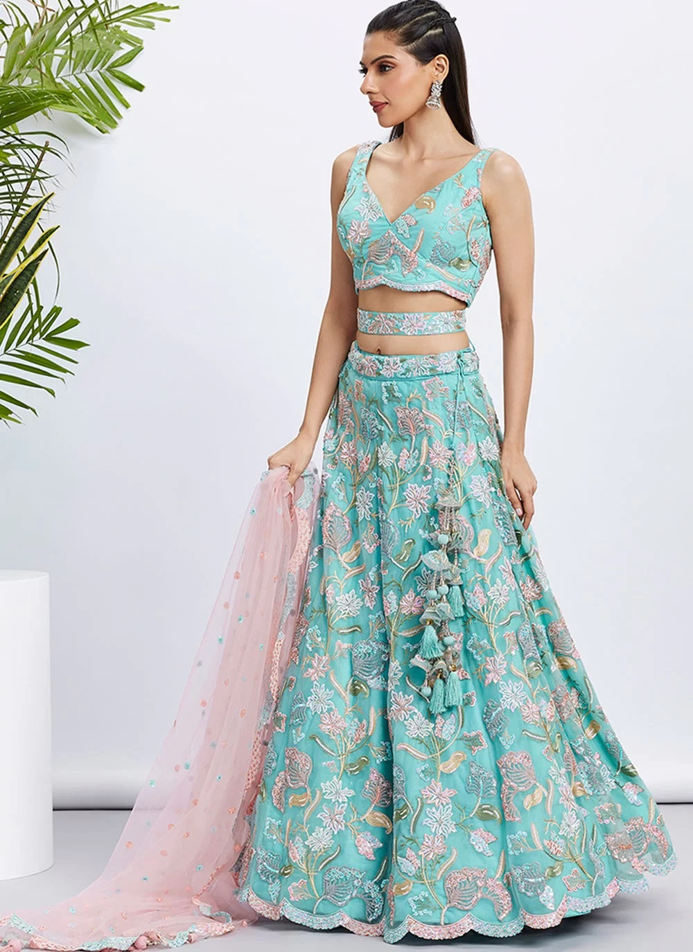 Turquoise Blue Net Embroidered Indian Wedding Lehenga Set For Women