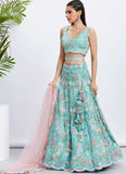 Turquoise Blue Net Embroidered Indian Wedding Lehenga Set For Women