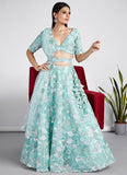 Turquoise Blue Organza Sequins and Zarkan Work Wedding Lehenga