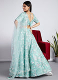 Turquoise Blue Organza Sequins and Zarkan Work Wedding Lehenga