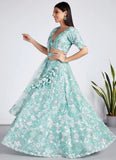 Turquoise Blue Organza Sequins and Zarkan Work Wedding Lehenga