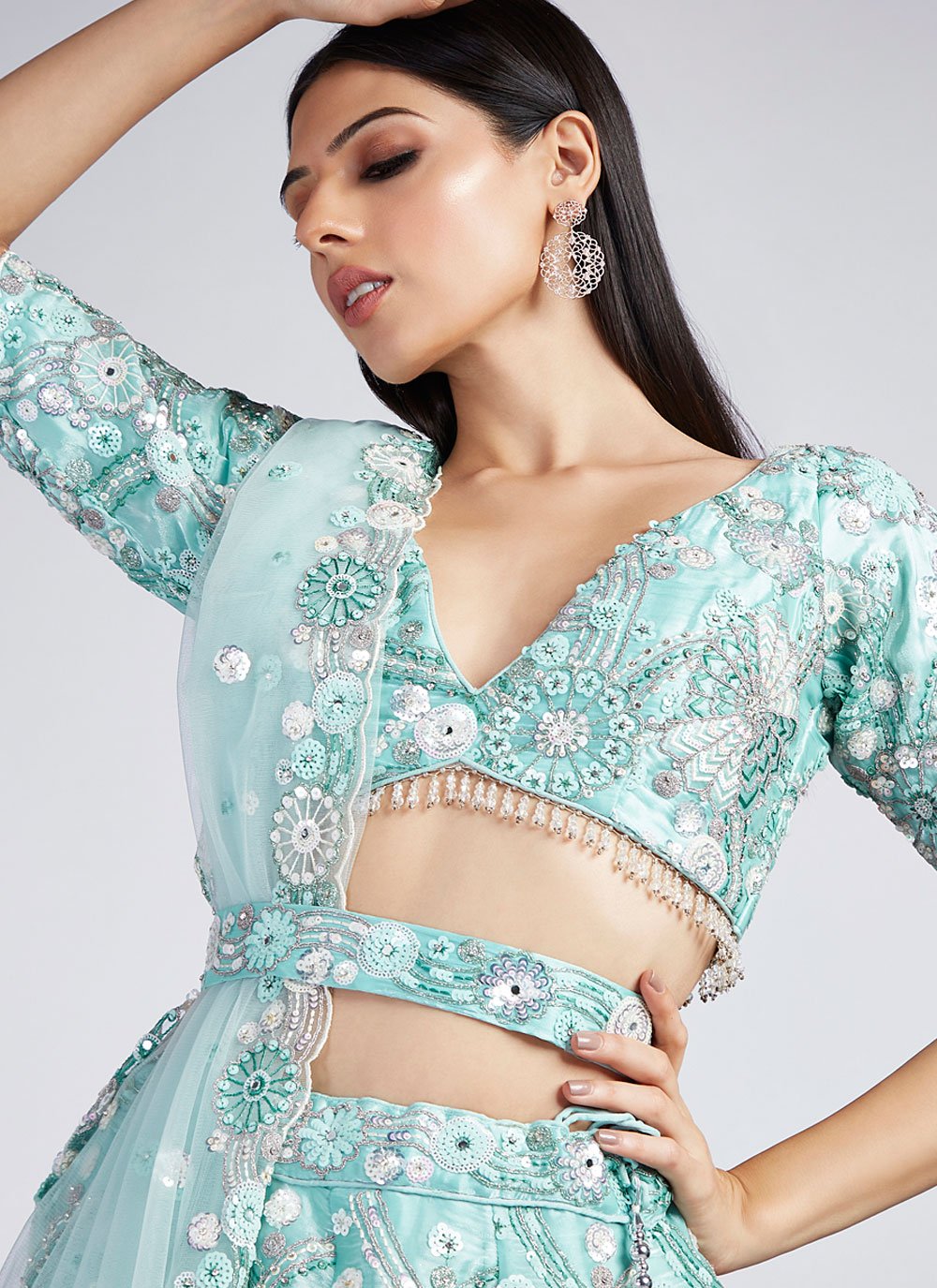 Turquoise Blue Organza Sequins and Zarkan Work Wedding Lehenga