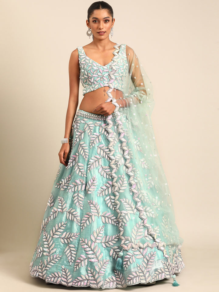 Turquoise Blue Organza Sequins & Zarkan embroidered Wedding Lehenga