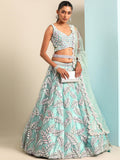 Turquoise Blue Organza Sequins & Zarkan embroidered Wedding Lehenga