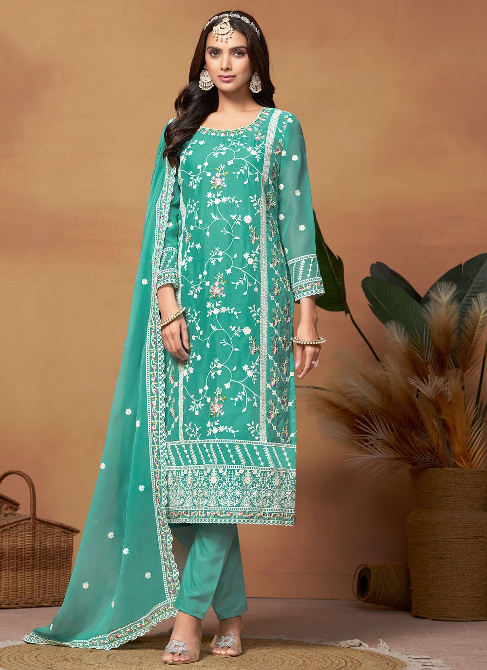 Turquoise Blue Pakistani Suit with Soft Organza Bottom