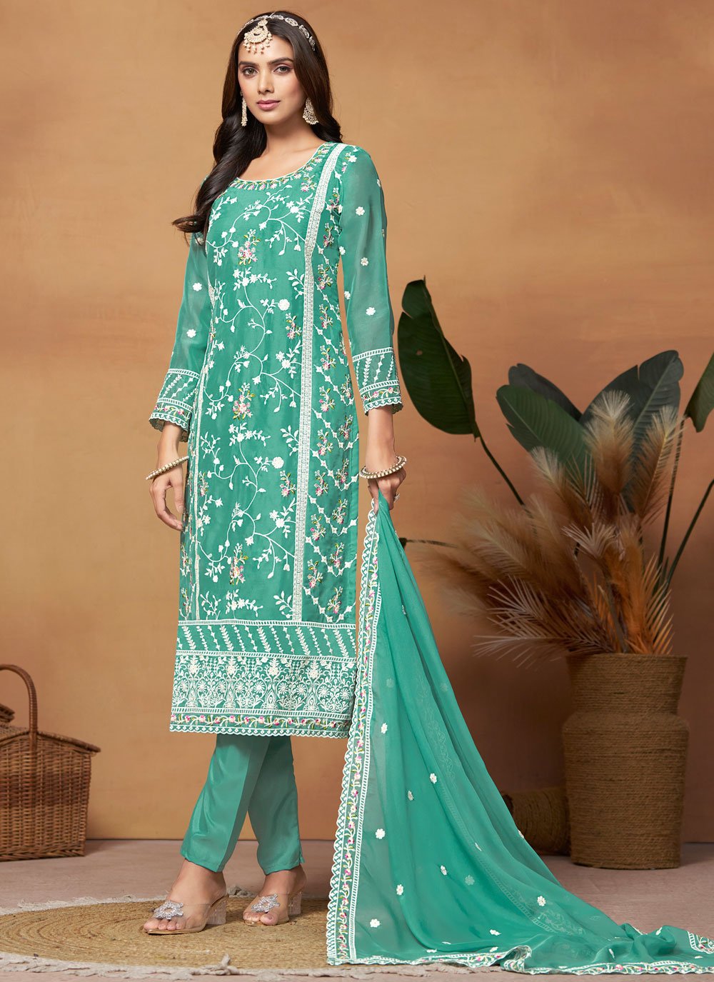 Turquoise Blue Pakistani Suit with Soft Organza Bottom